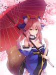  1girl absurdres animal_ears bare_shoulders blue_bow blue_kimono bow breasts cherry_blossoms detached_sleeves fate/extra fate_(series) fox_ears fox_tail hair_bow highres holding holding_umbrella japanese_clothes kimono kuroneko_(hmilk) large_breasts obi oriental_umbrella pink_hair sash short_kimono sidelocks smile solo standing tail tamamo_(fate)_(all) tamamo_no_mae_(fate) twintails umbrella wide_sleeves yellow_eyes 