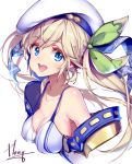  1girl bangs bare_shoulders beret blonde_hair blue_eyes blush breasts cleavage collarbone commentary cucouroux_(granblue_fantasy) eyebrows_visible_through_hair granblue_fantasy hair_ribbon hat hong_(white_spider) large_breasts long_hair looking_at_viewer open_mouth ribbon signature simple_background smile solo twintails white_background 
