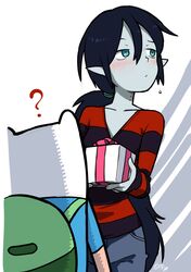  1boy 1girl ? adventure_time bangs bite_mark black_hair blue_eyes blue_pants blush closed_mouth collarbone eyebrows finn_the_human gift grey_skin hair_between_eyes hair_tie holding holding_gift horizontal-striped_shirt horizontal_stripes io_naomichi long_hair long_sleeves looking_away low_ponytail marceline_abadeer pants pocket pointy_ears raised_eyebrow shirt striped striped_shirt v-neck vampire very_long_hair wavy_mouth 