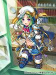  1girl :d arm_belt belt black_legwear blue_legwear blue_skirt book_stack bookshelf boots bracer braid breasts gloves green_hair hand_up hat hat_feather indoors knee_boots leg_belt looking_at_viewer looking_out_window map marco_polo_(rebellion) medium_breasts medium_hair navel official_art open_mouth open_window original otosume_ruiko pantyhose scepter skirt smile standing standing_on_one_leg table violet_eyes watermark white_gloves wooden_floor 