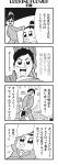  1boy 1girl 4koma arms_behind_head axe bkub blush chakapi comic formal greyscale highres holding holding_axe honey_come_chatka!! monochrome necktie one_eye_closed open_mouth scrunchie shirt short_hair simple_background speech_bubble speed_lines suit surprised sweatdrop talking topknot translation_request tree tree_stump two-tone_background 