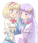  2girls alice_margatroid arnest asymmetrical_docking bangs blonde_hair blue_bow blue_eyes blush bow bowtie breast_press breasts capelet commentary_request crescent crescent_hair_ornament dress eyebrows_visible_through_hair hair_bow hair_ornament hairband long_hair medium_breasts multiple_girls open_mouth patchouli_knowledge purple_hair red_bow short_hair simple_background smile striped striped_dress touhou violet_eyes white_background yuri 