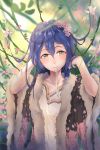  1girl bangs bird blue_hair blush closed_mouth commentary_request eyebrows_visible_through_hair floral_print flower fur_trim hair_between_eyes hair_flower hair_ornament hair_tucking hand_in_hair highres long_hair looking_at_viewer love_live! love_live!_school_idol_project mouth_hold solo sonoda_umi upper_body yellow_eyes zhong_er_bing 