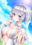  1girl absurdres alternate_costume azur_lane bangs blue_eyes blue_sky blush breasts bridal_gauntlets bridal_veil cleavage commentary crying crying_with_eyes_open dress english_commentary eyebrows_visible_through_hair gui_ss hair_ornament hand_up happy_tears highres illustrious_(azur_lane) jewelry large_breasts long_hair looking_at_viewer low_twintails mole mole_under_eye outdoors ring sky smile solo sparkle tears twintails veil wedding_dress wedding_ring white_dress white_hair 