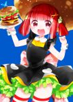  1girl :d arms_up black_dress blue_background blush commentary_request copyright_request dress food food_themed_clothes food_themed_hair_ornament hair_ornament hamburger holding holding_plate kurihara_sakura looking_at_viewer open_mouth plate redhead short_hair simple_background sleeveless sleeveless_dress smile solo striped striped_legwear thigh-highs upper_teeth violet_eyes wrist_cuffs x_hair_ornament 