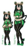  1girl alternate_breast_size alternate_height asui_tsuyu blush bodysuit boku_no_hero_academia boots breast_hold breasts commentary comparison english_commentary flying_sweatdrops frog_girl full_body gashi-gashi goggles goggles_on_head green_bodysuit green_hair hair_between_eyes large_breasts long_hair low-tied_long_hair medium_breasts simple_background solo thigh-highs thigh_boots tongue tongue_out white_background wide_hips 