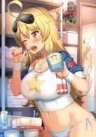  2girls absurdres ahoge azur_lane bangs bathroom blonde_hair blurry body_mahattaya_ginga breasts brushing_teeth character_request cleveland_(azur_lane) columbia_(azur_lane) cowboy_shot crop_top cup day depth_of_field dog_tags eyebrows_visible_through_hair eyewear_on_head hair_between_eyes highres indoors jewelry large_breasts laundry long_hair morning mug multiple_girls navel necklace one_eye_closed open_mouth panties red_eyes short_sleeves side-tie_panties solo_focus star star_print tears teeth towel towel_around_neck underwear white_panties wrist_cuffs yawning 