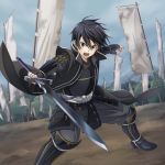  1boy armor black_gloves black_hair clouds cloudy_sky day fingerless_gloves floating_hair gloves grey_pants hair_between_eyes holding holding_sword holding_weapon japanese_armor kirito male_focus outdoors outstretched_arms pants sky solo stance sword sword_art_online weapon 