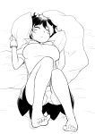 1girl absurdres ahoge arms_up bangs bare_legs barefoot blush bow bowtie breasts closed_eyes closed_mouth commentary_request eyebrows_visible_through_hair fang_out full_body greyscale highres himajin_noizu horn kijin_seija knees_together_feet_apart large_breasts lying monochrome multicolored_hair on_back panties pillow puffy_short_sleeves puffy_sleeves short_hair short_sleeves simple_background solo streaked_hair touhou underwear white_background 
