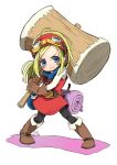  1girl bandanna bangs belt black_legwear blonde_hair blue_bandana blue_eyes blush_stickers boots brown_belt brown_footwear brown_gloves closed_mouth dragon_quest dragon_quest_builders dress eyelashes full_body gloves goggles goggles_on_head hammer heroine_(dqb) holding holding_hammer holding_weapon huge_weapon io_naomichi legs_apart long_hair long_sleeves pantyhose parted_bangs red_dress simple_background smile solo v-shaped_eyebrows weapon white_background 