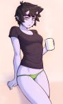  1girl black_hair black_shirt breasts collarbone commentary cup english_commentary eyebrows_visible_through_hair green_panties highres holding holding_cup horns ittla looking_at_viewer medium_breasts no_pants oni_horns original panties parted_lips pointy_ears purple_skin shirt short_hair short_sleeves simple_background solo thick_eyebrows ume_(ittla) underwear 