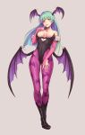  1girl animal_print bat bat_print bat_wings black_footwear black_leotard breasts cleavage commentary demon_girl finger_to_mouth fur_trim green_hair hand_on_thigh head_wings heart_cutout large_breasts leotard long_hair low_wings morrigan_aensland pantyhose print_legwear purea purple_legwear succubus vampire_(game) wings yellow_eyes 