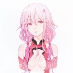  1girl arms_behind_back artist_name bare_shoulders breasts cleavage english guilty_crown hair_between_eyes long_hair parted_lips pink_eyes pink_hair solo twintails upper_body white_background yukilus yuzuriha_inori 