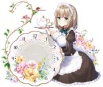  1girl apron blush breasts brown_hair commentary_request cup frills green_eyes holding holding_tray large_breasts long_sleeves looking_at_viewer maid maid_headdress masuishi_kinoto original plate short_hair smile solo teacup teapot tray waist_apron wrist_cuffs 