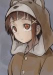  1girl animal_costume bangs bear_costume brown_eyes brown_hair buttons closed_mouth collarbone eyebrows eyebrows_visible_through_hair eyelashes facing_away hair_ornament hood hood_up io_naomichi iwakura_lain looking_away looking_up serial_experiments_lain short_hair solo tareme upper_body x_hair_ornament 