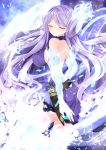  1girl breasts closed_eyes collarbone fire gloves kagutsuchi_(xenoblade) long_hair looking_at_viewer nanase_nao purple_hair simple_background smile solo xenoblade_(series) xenoblade_2 