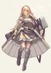  1girl absurdres armor armored_boots armored_dress boots breasts cz2128_delta dress eyepatch gloves glowing glowing_eye highres long_hair long_sleeves luviantree maid maid_headdress overlord_(maruyama) pantyhose pink_hair redhead scarf skirt torn_clothes torn_pantyhose 