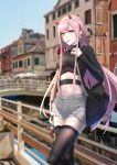  absurdres aqua_eyes bag black_legwear black_sweater blurry blurry_background bridge changpan_hutao cityscape commentary_request cutoffs darling_in_the_franxx dutch_angle earrings food hairband highres horns in_mouth jewelry long_hair navel pink_hair pocky shorts sidelocks standing sweater thigh-highs white_hairband zero_two_(darling_in_the_franxx) 