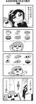  2girls 4koma :&gt; :3 arms_behind_back bangs bkub blush cake closed_eyes comic dango dress emphasis_lines eyebrows_visible_through_hair fang food greyscale hamburger highres honey_come_chatka!! hood hoodie long_hair monochrome multiple_girls noodles onigiri pointing pointing_up ramen sachi_(bkub) short_hair shouting side_ponytail sidelocks simple_background slice_of_cake smile speech_bubble sushi sweatdrop swept_bangs talking tayo translation_request two_side_up wagashi white_background 