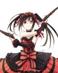  1girl asymmetrical_hair black_hair bow breasts choker cleavage clock_eyes date_a_live detached_sleeves dress dual_wielding frilled_bow frills gothic_lolita gun hairband heterochromia holding holding_gun holding_weapon konoe_(fogtracks) lolita_fashion lolita_hairband long_dress long_hair looking_at_viewer medium_breasts red_bow red_dress red_eyes sleeveless sleeveless_dress smile solo standing symbol-shaped_pupils tokisaki_kurumi transparent_background twintails weapon yellow_eyes 