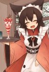  1girl alternate_costume animal_ears apron blush breasts brooch brown_hair closed_eyes dress enmaided fang food highres imaizumi_kagerou jewelry kaginoni long_hair long_sleeves maid maid_apron maid_headdress open_mouth parfait solo touhou wolf_ears 