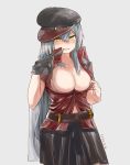  1girl belt biting breasts commentary gangut_(kantai_collection) glove_biting gloves grey_background grey_hair hair_between_eyes hat highres jacket_on_shoulders kantai_collection large_breasts long_hair long_sleeves looking_at_viewer military military_hat military_jacket military_uniform miniskirt no_bra okbnkn peaked_cap simple_background skirt solo uniform yellow_eyes 