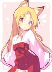  1girl :o animal_ears blonde_hair eyebrows_visible_through_hair facial_mark forehead_mark fox_ears highres japanese_clothes long_hair looking_at_viewer masaki_(machisora) miko original red_eyes ribbon-trimmed_sleeves ribbon_trim solo 