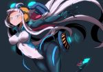  1girl bangs blue_eyes bodysuit breasts commentary_request electro_emilia gloves grey_background headgear helmet high_heels ken_(koala) large_breasts leotard long_hair looking_at_viewer neon_trim original simple_background skin_tight solo thighs white_hair 