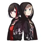  2girls aoba_moka back-to-back bang_dream! bangs black_choker black_hair black_jacket bob_cut choker crop_top cross-laced_clothes earrings green_eyes grey_hair hood hood_down hood_up hooded_jacket hoop_earrings jacket jewelry long_sleeves looking_at_viewer mitake_ran multicolored_hair multiple_girls necklace red_eyes red_shirt redhead shirt short_hair simple_background smile streaked_hair unapoppo upper_body white_background 