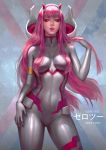  1girl abigail_diaz aqua_eyes breasts character_name contrapposto covered_navel cowboy_shot darling_in_the_franxx eyeshadow hairband hand_in_hair hand_on_hip highres horns licking_lips long_hair looking_at_viewer makeup parted_lips pilot_suit pink_hair realistic skin_tight solo standing straight_hair tongue tongue_out white_hairband zero_two_(darling_in_the_franxx) 
