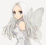  1girl bad_id bad_pixiv_id breasts detached_sleeves dress grey_eyes long_hair long_sleeves looking_at_viewer misteor original solo white_background white_hair wings 