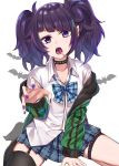  1girl bangs black_legwear candy choker diagonal_bangs food green_jacket idolmaster idolmaster_shiny_colors jacket kanikou lollipop nail_polish purple_hair purple_nails short_twintails sitting skirt tanaka_mamimi thigh-highs thigh_strap twintails violet_eyes wariza 