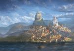  1other alayna_danner ambiguous_gender blue_sky boat castle city clouds cloudy_sky commentary day english_commentary fantasy fog highres hill lake mountain original outdoors scenery sky watercraft 