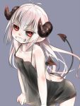  1girl :d akino_shuu backless_outfit black_sclera demon_girl demon_horns demon_tail demon_wings fangs grin horns long_hair looking_at_viewer mini_wings open_mouth original pale_skin pointy_ears red_eyes simple_background slit_pupils smile solo tail white_hair wings 