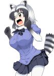  1girl alternate_breast_size animal_ears black_hair bow bowtie clenched_hands commentary_request common_raccoon_(kemono_friends) cowboy_shot elbow_gloves eyebrows_visible_through_hair fur_collar gloves grey_hair kemono_friends multicolored_hair open_mouth pantyhose pleated_skirt puffy_short_sleeves puffy_sleeves raccoon_ears raccoon_tail short_hair short_sleeves skirt solo tail take_(shokumu-taiman) 