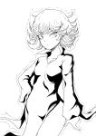  1girl absurdres bangs closed_mouth commentary_request cowboy_shot dress eyebrows_visible_through_hair greyscale hand_on_hip highres himajin_noizu long_sleeves monochrome one-punch_man short_hair side_slit simple_background solo tatsumaki tsurime white_background 