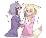  2girls animal_ears black_hair blonde_hair blush bow bowtie common_raccoon_(kemono_friends) elbow_gloves eyebrows_visible_through_hair fang fennec_(kemono_friends) fox_ears fox_tail fur_collar fur_trim gloves grey_hair hand_holding ibityuttyu kemono_friends multicolored_hair multiple_girls nose_blush open_mouth pleated_skirt puffy_short_sleeves puffy_sleeves raccoon_ears short_hair short_sleeves skirt sweatdrop tail translation_request wavy_mouth 