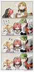  2boys 2girls 4koma :&lt; :d :t achilles_(fate) armor asaya_minoru bare_shoulders blonde_hair braid breastplate brown_hair chiron_(fate) closed_mouth comic commentary_request detached_sleeves dress eating facing_viewer fate/apocrypha fate/grand_order fate_(series) food frankenstein&#039;s_monster_(fate) green_hair hair_over_eyes holding holding_food horns long_hair mordred_(fate) mordred_(fate)_(all) multiple_boys multiple_girls open_mouth pink_hair ponytail profile sandwich sharp_teeth sleeveless sleeveless_dress smile speed_lines sweat teeth translation_request veil very_long_hair wavy_mouth white_dress |_| 