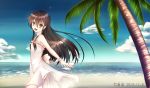  1girl 2015 278004410 :d ahoge back_bow beach black_hair blue_sky bow brown_eyes choker clouds dated day dress floating_hair from_side hair_between_eyes highres jewelry long_dress long_hair looking_at_viewer necklace ocean open_mouth outdoors outstretched_arm palm_tree shakugan_no_shana shana sky sleeveless sleeveless_dress smile solo standing strapless strapless_dress striped striped_dress sundress tree very_long_hair white_bow white_dress wrist_cuffs 