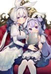  2girls ahoge animal_ears apron azur_lane black_ribbon black_skirt blue_eyes blush breasts closed_mouth commentary_request couch covered_mouth fingernails frilled_apron frills hair_bun hair_ribbon head_tilt holding holding_tray illustrious_(azur_lane) juliet_sleeves long_hair long_sleeves maid_headdress medium_breasts multiple_girls one_side_up pantyhose puffy_short_sleeves puffy_sleeves purple_hair rabbit_ears ribbon shirako_sei shirt short_sleeves side_bun silver_hair sitting skirt smile tray unicorn_(azur_lane) very_long_hair violet_eyes waist_apron white_apron white_background white_legwear white_shirt wrist_cuffs 