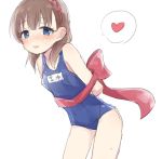  arms_behind_back artist_request bare_shoulders blue_eyes blush bow brown_hair character_name eyebrows_visible_through_hair hair_ribbon heart highres idolmaster idolmaster_cinderella_girls looking_at_viewer open_mouth red_bow red_ribbon ribbon sakuma_mayu school_swimsuit short_hair solo spoken_heart swimsuit thighs white_background 