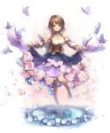  1girl barefoot brown_hair bug butterfly detached_sleeves final_fantasy final_fantasy_x flower heterochromia highres insect jewelry long_skirt looking_at_viewer necklace petals puddle ring sasanomesi short_hair simple_background skirt skirt_lift smile solo water wide_sleeves yuna_(ff10) 