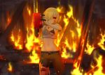  1girl :&lt; ass_visible_through_thighs bandage bandaged_leg bare_shoulders belt black_bra blonde_hair blood blood_on_face bra burning chainsaw commentary crop_top embers eyebrows_visible_through_hair eyes_visible_through_hair fire hair_over_one_eye holding injury jewelry kuroonehalf looking_at_viewer midriff navel original pants pendant red_eyes serious short_hair smoke solo tank_top torn_clothes underwear undone_belt wood 