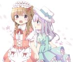  2girls absurdres apron bangs blush bow brown_dress brown_eyes commentary_request dress eyebrows_visible_through_hair fang frilled_apron frills green_bow green_dress green_eyes green_ribbon hair_between_eyes hamada_pengin hand_holding hat hat_bow hat_ribbon highres light_brown_hair long_hair multiple_girls open_mouth original parted_lips pleated_dress puffy_short_sleeves puffy_sleeves purple_hair ribbon short_sleeves waist_apron white_apron white_hat 