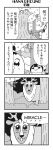  2girls 4koma :3 backpack bag bangs beard bkub blunt_bangs bush calimero_(bkub) chakapi comic creature deer english facial_hair forest greyscale highres honey_come_chatka!! leaf monochrome multiple_girls nature open_mouth plant scrunchie shirt short_hair simple_background speech_bubble sword talking topknot translation_request tree two-tone_background vines weapon wrinkles 