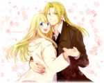  1boy 1girl 2018 :d blonde_hair blue_eyes blush brown_coat coat couple dated earrings edward_elric eyebrows_visible_through_hair fingernails floating_hair floral_background flower fullmetal_alchemist hands_together happy hetero hug jacket jewelry long_hair looking_at_viewer open_mouth petals pink_background pink_flower ponytail shirt simple_background smile tsukuda0310 upper_body waistcoat white_background white_jacket white_shirt winry_rockbell yellow_eyes 