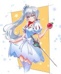  1girl adapted_costume apple bow dress earrings food fruit highres iesupa jewelry long_hair necklace ponytail rapier rwby scar scar_across_eye side_ponytail snow_white_and_the_seven_dwarfs solo sword thigh-highs weapon weiss_schnee white_dress white_hair 
