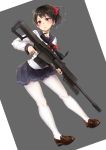  1girl anti-materiel_rifle bangs barrett_m82 black_hair black_sailor_collar black_skirt blush bow brown_footwear collarbone commentary_request dutch_angle eyebrows_visible_through_hair funyariko grey_background gun hair_bow highres holding holding_gun holding_weapon loafers long_sleeves looking_away looking_to_the_side original pantyhose pleated_skirt ponytail red_bow red_eyes rifle sailor_collar school_uniform serafuku shirt shoes skirt sniper_rifle solo standing two-tone_background weapon white_background white_legwear white_shirt 