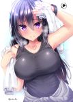  1girl arm_up black_hair blush breasts character_request clothes_around_waist collarbone copyright_request highres holding jacket_around_waist large_breasts long_hair looking_at_viewer mokufuu solo spoken_squiggle squiggle tank_top towel twitter_username violet_eyes white_background 