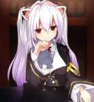  1girl animal_ears bangs black_dress blancpig_yryr blush cat_ears dress eyebrows_visible_through_hair hair_between_eyes highres long_hair long_sleeves looking_at_viewer nora_cat nora_cat_channel red_eyes silver_hair smile solo virtual_youtuber 